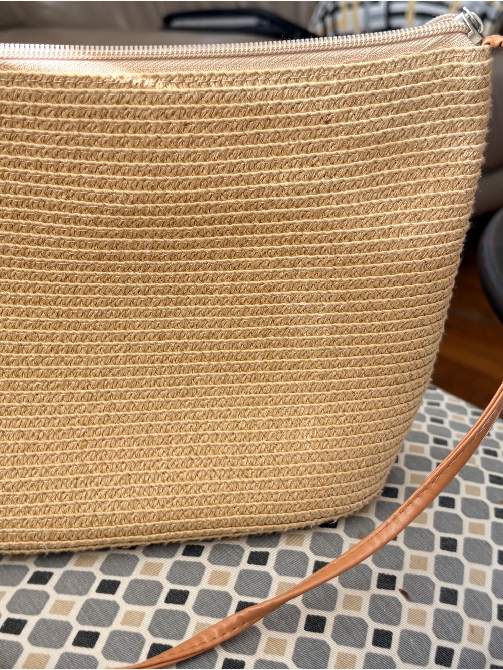 Woven Straw Crossbody Bag in Beige with Tan Strap